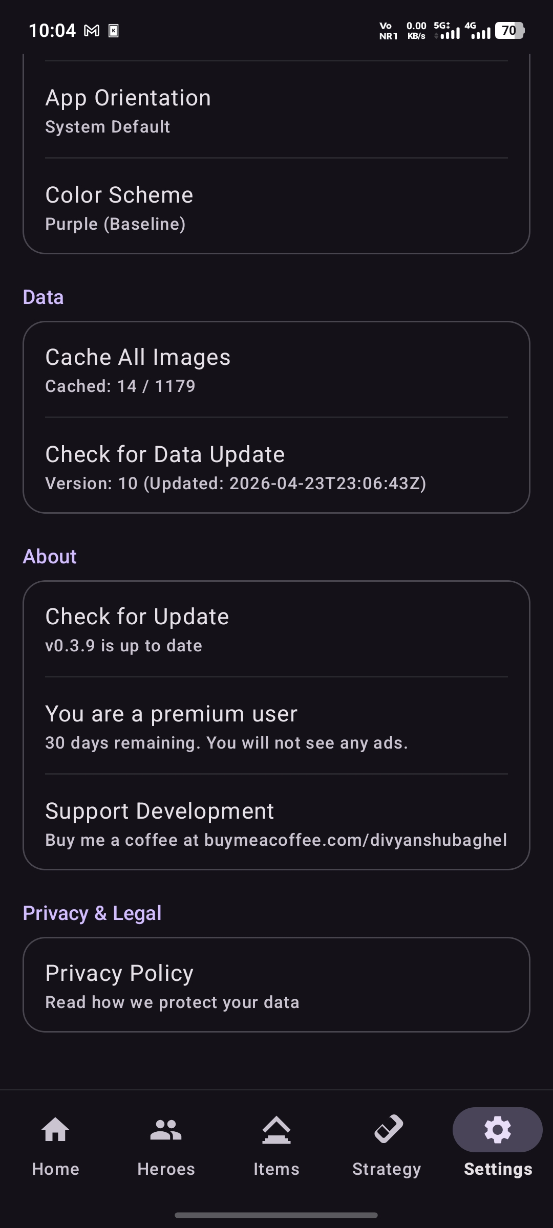 MLBB Guide settings showing offline data cache